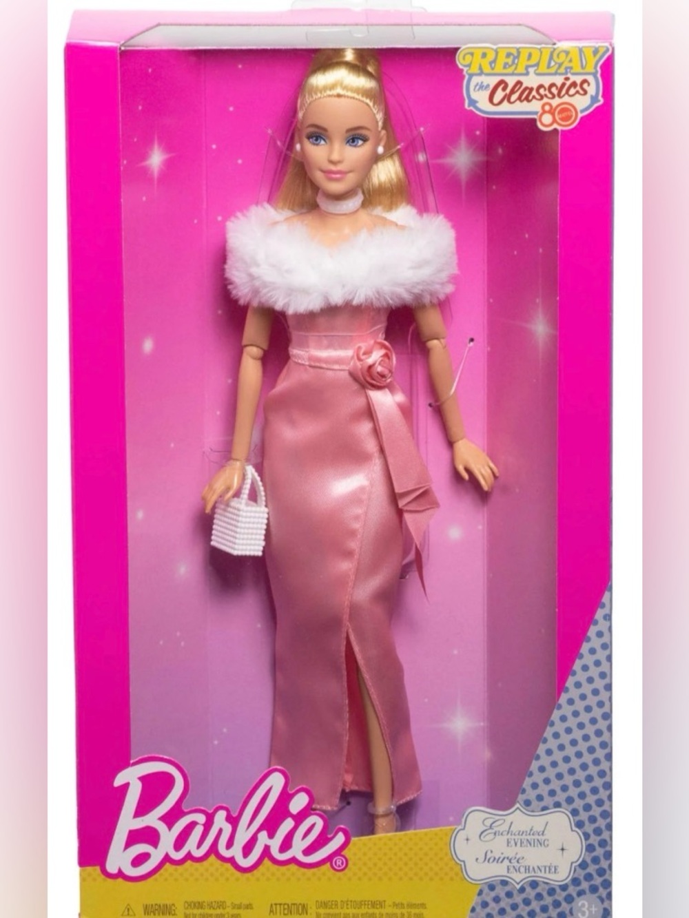 Barbie Pink Satin Evening Gown with Fur Trim